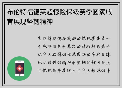 布伦特福德英超惊险保级赛季圆满收官展现坚韧精神